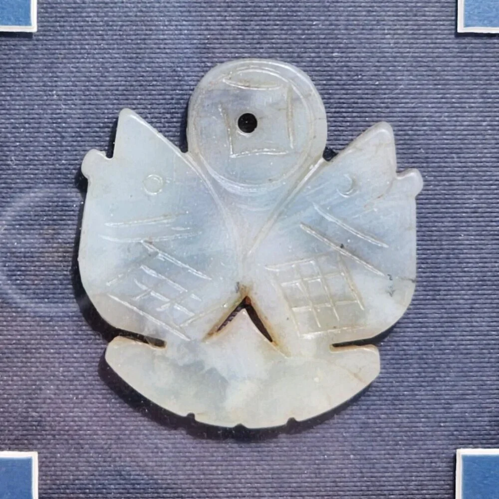 Framed Carved Jade Chinese Antique Art Featuring Round Pendant Double Fish Motif